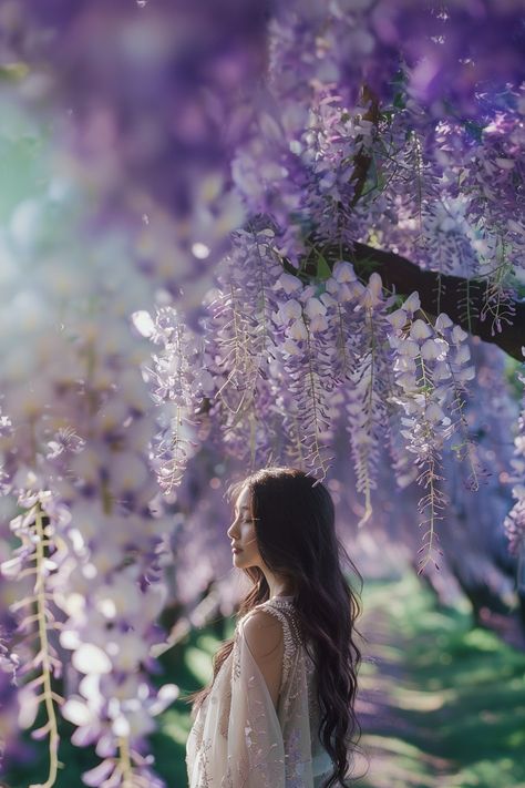 Wisteria in spring transforms any event into a magical scene. Its cascading blossoms provide a stunning backdrop for weddings, garden parties, and photoshoots, effortlessly adding a touch of elegance and romance. The lush, fragrant blooms not only enhance the aesthetic of any gathering but also create a serene and inviting atmosphere. Night Garden Photoshoot, Wisteria Photoshoot, Flower Aesthetic Background, Dreamy Cottagecore, Wisteria Wedding, Picnic Spot, Night Garden, Aesthetic Background, Drawing Stuff