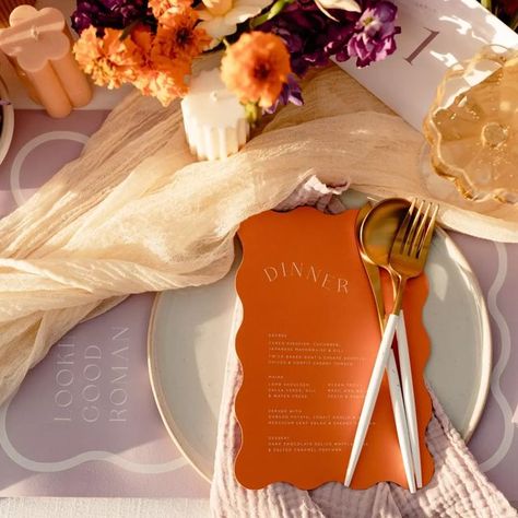 Lilac And Orange, Backyard Dinner Party, Personalised Placemats, Fabric Runner, Orange Table, Lilac Wedding, Reception Dinner, Wedding Place Settings, Hello May