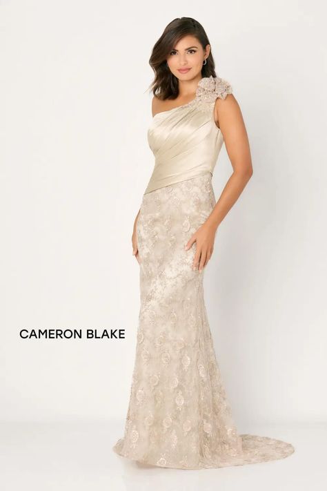 Cameron Blake #CB796. Description:                          Steal the show in this exquisite fit-and-flare gown. This mother-of-the-bride style is a true showstopper, featuring a contemporary one-shoulder neckline with stunning three-dimensional lace detailing. Thoughtful asymmetrical ruching on the bodice accentuates and slims the waist, while a breathtaking semi-sheer lace train adds a touch of ethereal glamour that's sure to leave a lasting impression.                     . Details: Fa Mon Cheri Bridal, Cameron Blake, Mother Of The Bride Dresses Long, Mother Of The Bride Gown, Flare Gown, Bodice Dress, Mob Dresses, Pleated Bodice, Mon Cheri