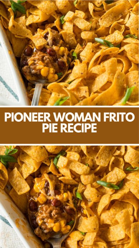 Pioneer Woman Frito Pie is made with ground beef, onion, Ranch Style beans, Frito corn chips, enchilada sauce, and cheddar cheese. With a total cook time of 35 minutes, it serves 8 people. Crockpot Frito Pie, Pioneer Woman Desserts, Ranch Style Beans, Pioneer Kitchen, Frito Recipe, Frito Pie Recipe, Bean Pie, Simple Dinners, Frito Pie