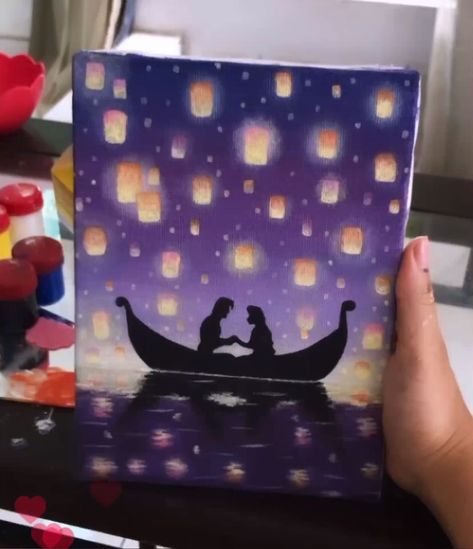 [𝑺𝒂𝒗𝒆 & 𝑭𝒐𝒍𝒍𝒐𝒘]~♡´･ᴗ･`♡ Tangled Floating Lanterns Painting, Tangled Paintings Easy, Rapunzel Lanterns Drawing, Rapunzel Flower Painting, Tangled Boat Scene Painting, Rapunzel Painting Canvas, Tangled Inspired Painting, Rapunzel Lanterns Painting, Rapunzel Painting Ideas