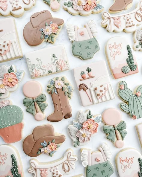 I absolutely loved creating this set! The info I was given was: A little cowgirl is on the way mixed with desert colors and prairie… | Instagram Cowboy Or Cowgirl Gender Reveal Cookies, Gender Reveal Ideas Horses, Western Gender Reveal Cookies, Little Cowgirl Baby Shower Ideas, A Little Cowgirl Is On Her Way, Cowgirl Baby Shower Cookies, Cowgirl Theme Baby Shower Ideas, Western Baby Shower Cookies, Cowgirl Baby Shower Ideas