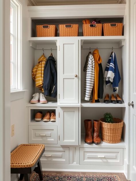 12 Narrow Mudroom Ideas for a Stylish Entryway Small Entry Vestibule, Small Mud Bench, Small Space Mudroom Ideas Entry Ways, Small Mudroom Lockers, Small Mudroom Ideas Entryway Narrow Hallways, Garage Landing Mudroom, Narrow Mudroom Ideas, Entryway Built In Ideas, Vestibule Ideas Entryway