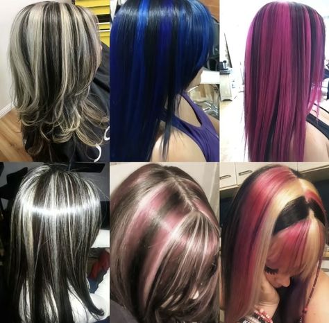 Black Hair With Highlights Colorful, Different Types Of Dyed Hair, 2000s Hair Dye Ideas, Hair Dyed Idea, Bicolored Hair, Ways To Dye Your Hair Ideas, 2 Colored Hair, Strip Hair Color, Hair Color Y2k