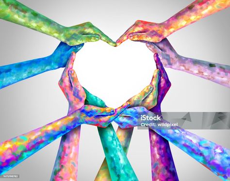 Diversity Heart hands as a group of artistic hands with painted texture as diverse people connected together shaped as a love symbol for unity in a 3D illustration style. Symbol For Unity, Love Symbol, Heart Hands, Illustration Style, Love Symbols, 3d Illustration, A Love, Health Wellness, Fashion Illustration