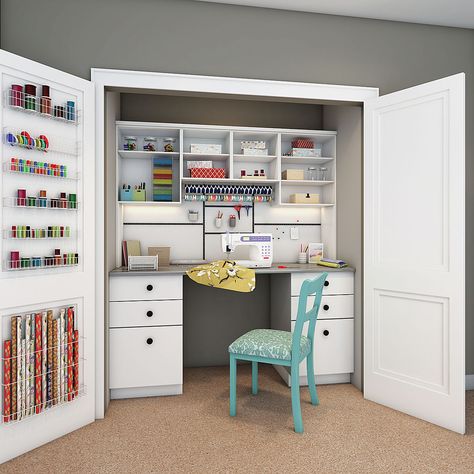 Craft Closet With Fold Down Table, Walk In Closet Craft Room Ideas, Sewing Room In A Closet, Hidden Craft Room, Closet To Craft Space, Craft Closet Ideas, Closet Craft Space, Craft Storage Closet, Art Closet