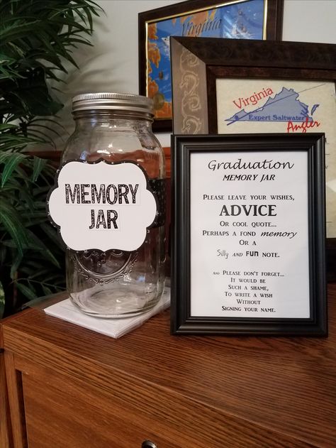 Kat Grad 2017 Memory Jar Graduation Memory Jar Ideas, Grad Party Memory Jar, Graduation Advice Box Ideas, Grad Party Memory Table, Graduation Party Memory Ideas, Graduation Memory Table, Graduation Open House Decorations, Memory Jar Ideas, Memory Jar Graduation