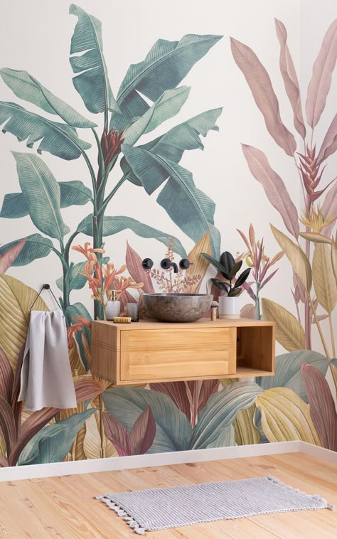 These beautiful wall murals are inspired by the most popular botanical artist in history B&q Wallpaper, Botanical Bathroom, Wallpaper Bathroom, Tropical Wallpaper, Plant Wallpaper, Botanical Wallpaper, Watercolor Wallpaper, Bathroom Wallpaper, Minimalist Wallpaper