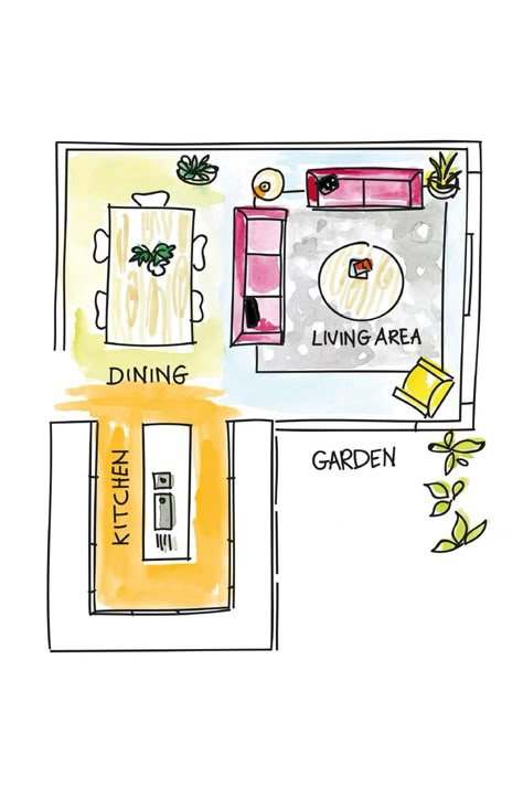 open-plan layout tips from Shannon Vos L Shaped Living Room, Modern Kitchen Open Plan, Living Room And Kitchen Design, Open Plan Kitchen Dining Living, Open Plan Kitchen Dining, Open Plan Kitchen Living Room, First Apartment Decorating, Kitchen Dining Living, Living Room Remodel