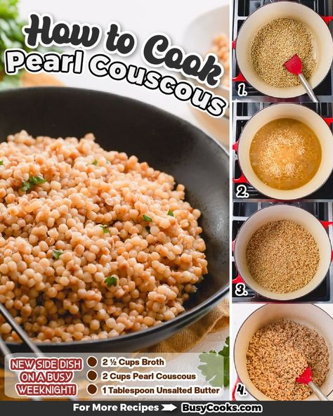 How to cook pearl couscous - a quick and easy method to make deliciously nutty and chewy toasted couscous. Pearled Couscous Recipes, Pearled Couscous, Pearl Couscous, Paleo Dishes, Couscous Recipes, Healthy Weeknight Meals, Family Dinner Recipes, Instant Pot Chicken, Couscous