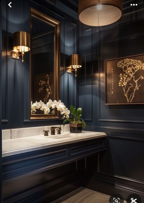 Neoclassical Bathroom, Dark Bathroom Ideas, Small Bathroom Interior, Dark Bathrooms, Powder Room Decor, Powder Room Design, Bathroom Inspiration Decor, Money Aesthetic, Elegant Bathroom