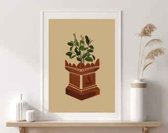 TheArtsAvenue | Etsy Tulasi Plant Drawing, Tulsi Illustration, Tulsi Plant Drawing, Tulsi Painting, Gujarati Art, Tamil Art, South Indian Art, Desi Art, Tulsi Plant