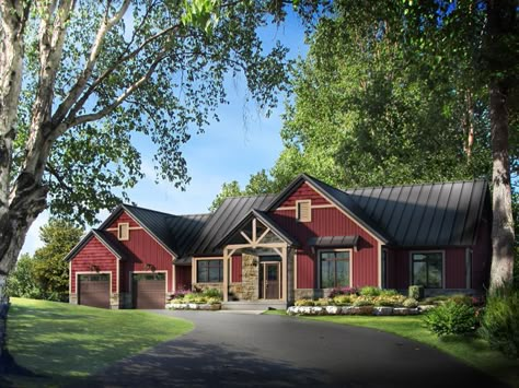 Red Exterior House Colors Farmhouse, Maroon House Exterior, Popular House Colors, Rambler Exterior, Red House Exterior, Beaver Homes And Cottages, Beaver Homes, Exterior House Siding, Cabin Plan