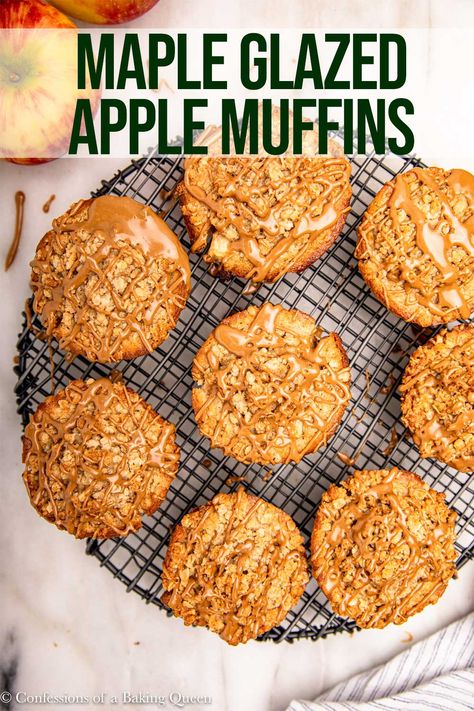 These delicious maple-glazed apple muffins are a Costco copycat. Moist, fluffy, apple and spice-filled muffins topped with streusel and drizzled with a maple glaze. The perfect weekend breakfast recipe. Costco Muffin Recipe Copycat, Costco Copycat Muffins, Bakery Style Apple Muffins, Copycat Costco Muffins, Costco Apple Muffin Recipe, Costco Apple Crumb Muffins Copycat, Honeycrisp Apple Muffins, Apple Crumb Muffins With Vanilla Glaze, Jumbo Apple Walnut Muffins