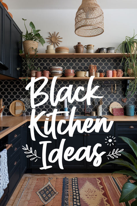 Elegant and Gorgeous Black Kitchen Ideas You Have to See Black Lower Cabinets Wood Upper, Black Lower Cabinets White Upper, Black Walls Kitchen, Elegant Black Kitchen, Black Lower Cabinets, Ivory Kitchen Cabinets, Black Tiles Kitchen, Slate Floor Kitchen, All Black Kitchen