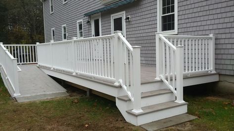 Azek Deck with Ramp, Marion Ma Deck With Ramp, Porch With Ramp, Wheelchair Ramp Design, Mobile Home Deck, Farmhouse Colonial, Azek Decking, Gazebo On Deck, Ramp Design, Deck Makeover