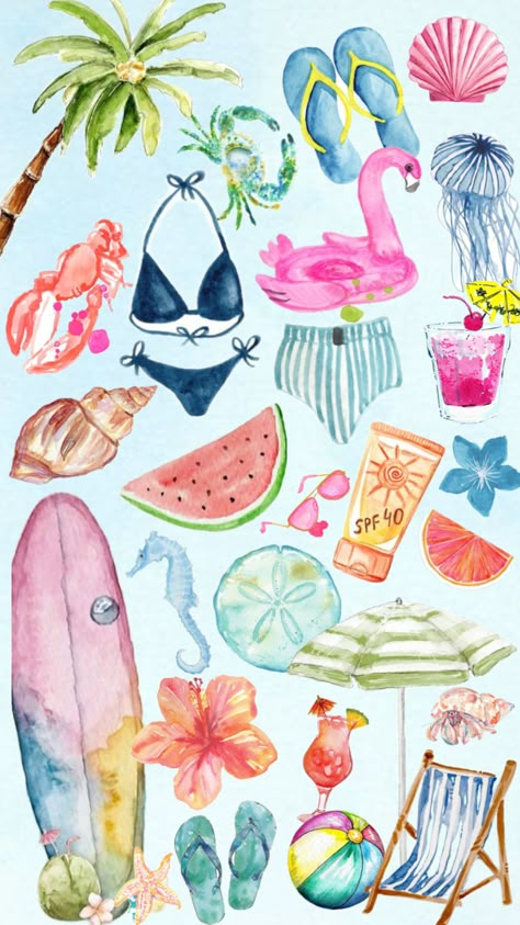 summer watercolor collage Beach Collage Wallpaper, Boho Drawing, Fruit Collage, Beachy Wallpaper, Beach Collage, Watercolor Collage, Summer Drawings, Wallpaper Iphone Boho, Wallpaper Watercolor