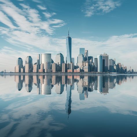 City Skyline Reflection: A tranquil city skyline mirrored perfectly on the glassy surface of a calm expansive water body. #city #skyline #reflection #skyscrapers #tranquil #aiart #aiphoto #stockcake ⬇️ Download and 📝 Prompt 👉 https://ayr.app/l/4x7C Skyscraper Reflection, Cityscape Reflection, Ny Skyline, Modern Skyscrapers, Water Body, Free City, Water Reflections, Water Bodies, Clear Blue Sky