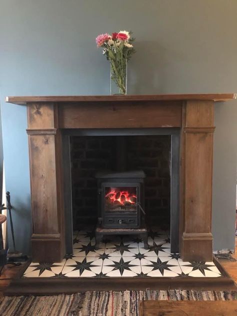 Victorian Wooden Fireplace Surround, Wooden Surround Fireplace, Small Woodburner Fireplace, Tiled Fireplace With Log Burner, Log Burner Hearth, Wood Burner Fireplace Tiles, 1930s Fireplace Surround, Wooden Fireplace Surround Ideas, Stove Surround Ideas