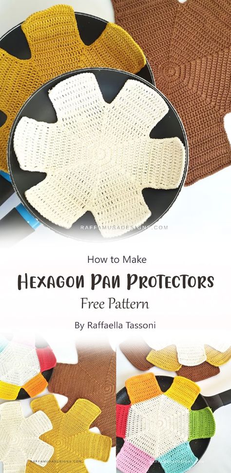 Use a crochet hook and yarn to make this hexagon pan protectors. They’re great for keeping your pan from scratches, but they can also be used as a trivet. Crochet Pan Dividers, Crochet Pot And Pan Protectors, Crochet Pot Protectors Free Pattern, Crochet Pot Separators, Crochet Pot Protectors, Crochet Pan Protectors Free Pattern, Spoder Web, Crochet Pan Protectors, Crochet Hook And Yarn