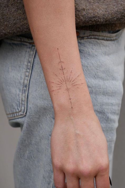 Sun Constellation Tattoo, Fine Line Ornamental Tattoo Hand, Womens Sun Tattoo, Sunshine Tattoo Minimalist, Sun Line Tattoo Design, Fine Line Ornamental Wrist Tattoo, Sun Related Tattoos, Ornamental Wrist Tattoos For Women, I Am The Sun Tattoo