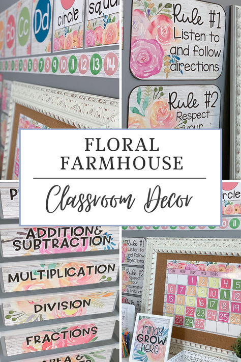 Looking for a floral farmhouse classroom decor theme? This classroom decor bundle will go perfectly in a floral, farmhouse, rustic, or shiplap themed room! I think they would also look great with neutral classroom decor! There are a ton of printable and editable decor pieces to help make your classroom more beautiful.   #classdecor #classroomdecor #farmhousedecor #farmhouseclassroom #decor #teaching Pretty Classroom Decor, Floral Farmhouse Classroom, Flower Classroom Decorations, Wildflower Classroom Theme, Flower Theme Classroom, Agriculture Classroom Decorations, Flower Classroom Theme, Floral Classroom Theme, Pink Classroom Theme