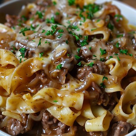 French Onion Beef and Noodles Beef And French Onion Soup, French Onion Beef And Noodles, Tender Beef Stew, French Onion Beef, Egg Noodle Recipes, Recipes With Ground Beef, Stew Meat Recipes, French Fried Onions, Beef Stew Meat