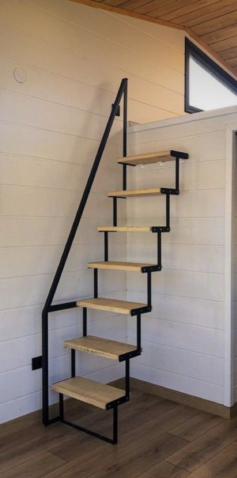 Loft Stairs In Bedroom, Fold Up Loft Stairs, Small Staircase To Loft, Small Loft Stairs, Stair Loft Ideas, Steps For Small Spaces, Stairs To A Loft, Stairs In Tiny House, Stairs For Tiny House