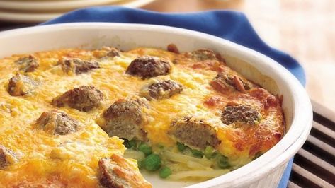 Meatball pie - I make my own meatballs and I'll use corn instead of peas (have a child who HATES peas). Meatball Pie, Impossible Pies, Weeknight Casseroles, Beef Casseroles, Cheesy Meatballs, Hamburger Dishes, Jiffy Mix, Impossible Pie, Layered Potato