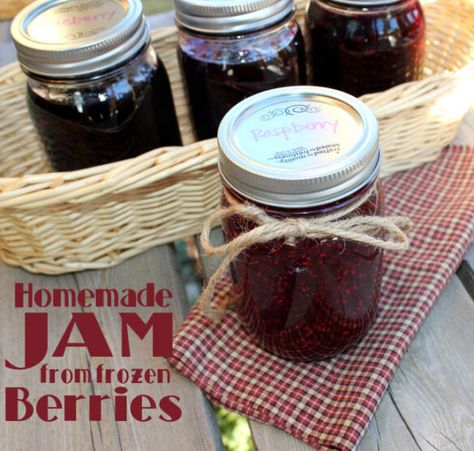 Homemade Raspberry Jam from frozen berries Raspberry Jam From Frozen Raspberries, Frozen Fruit Jam, Frozen Berry Jam, Jam From Frozen Berries, Raspberry Freezer Jam Recipe, Frozen Berry Recipes, Grape Jam Recipe, Making Strawberry Jam, Raspberry Freezer Jam