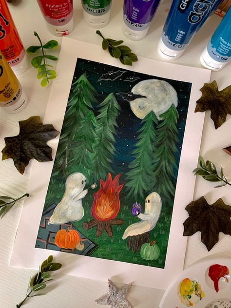 Cute Ghost Halloween painting in woodland scenery. Roasting marshmallows over campfire. Fall Ghost Painting, Halloween Gouache Painting, Ghost Picnic Painting, Gouache Halloween, Campfire Drawing, Ghost And Pumpkin Painting On Canvas, Camping Drawing, Ghost In Forest Painting, Halloween Camping