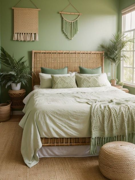 Create a boho-inspired oasis in your bedroom with a vibrant green accent wall. Complete the look with natural elements like woven rattan furniture, macrame wall hangings, and lush indoor plants for a serene and earthy atmosphere. Boho Accent Wall, Green Accent Wall, Rattan Bedroom, Beachy Bedroom, Green Accent Walls, Macrame Wall Hangings, Wicker Headboard, Florida House, Living Room Green