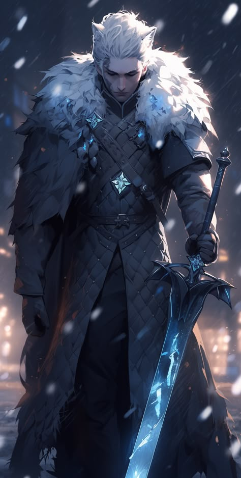 Fantasy Snow Outfit Male, Ice Warrior Fantasy Art, Ice Knight Fantasy Art, Ice Swordsman, Ice Character Design Male, Winter Eladrin Male, Winter Eladrin, Frost Elf, Ice Knight