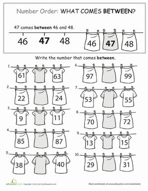 What number comes between 33 and 35? Challenge your kid to a page filled with number sequencing riddles, and he'll have a blast—while improving his number know-how. #educationdotcom What Comes Between Worksheet, Between Numbers Worksheet, Sequencing Worksheets, First Grade Math Worksheets, Pattern Worksheet, 1st Grade Math Worksheets, Ordering Numbers, Sequencing Activities, Math Work