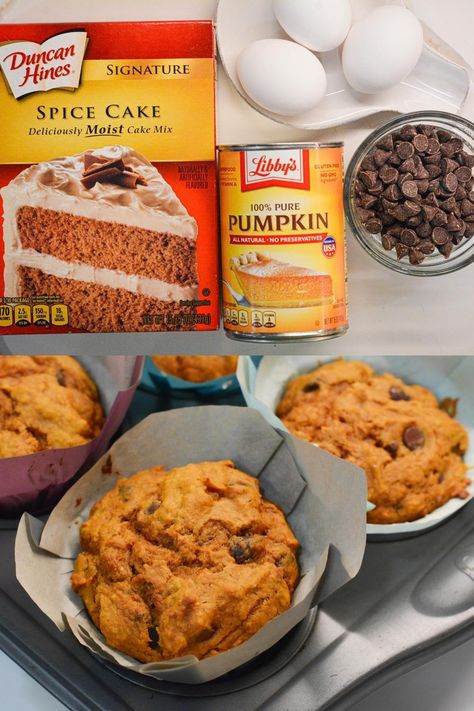 Pumpkin chocolate chip muffins made with a spice cake mix are easy to make with just four ingredients for a quick and easy fall treat. Pumpkin Chocolate Chip Muffins 3 Ingredients, Cake Mix Pumpkin Bars Recipe, Cake Mix And Pumpkin Muffins, Pumpkin Chocolate Chip Mug Cake, Pumpkin Cream Cheese Chocolate Chip, Pumpkin Muffins With Cinnamon Chips, Choc Chip Pumpkin Muffins, Pumpkin Cinnamon Chip Muffins, Box Cake Mix Muffins