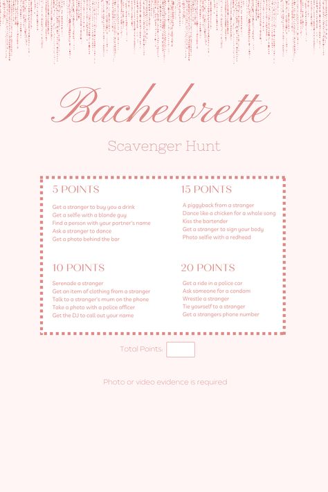 Are you ready to make your bachelorette party a night to remember? Look no further than our DIY Bachelorette Scavenger Card! Designed to add a touch of excitement and adventure to your celebrations, this customisable game is perfect for a wild night out with your favourite people. Our DIY Bachelorette Scavenger Card is a delightful blend of fun challenges, daring dares, and hilarious moments, all carefully curated to make the bride-to-be's last fling before the ring truly unforgettable. Bachelor Party Games, Diy Bachelorette, Bachelorette Scavenger Hunt, Bachelorette Diy, Last Fling Before The Ring, Hen Night Ideas, Bachelorette Bachelor Party, Wild Night, Bachelorette Games