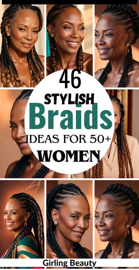 46 stylish braids hairstyles for women over 50, perfect for adding elegance and flair to your look. From classic braided updos to chic twists and sophisticated styles, find inspiration for ageless beauty. #BraidsHairstyles #WomenOver50 Older Women Braided Hairstyles, Braids For 50 Year Old Black Women, Braided Buns For Black Women, Professional Braids For Work, Braids For Older Black Women Over 50, Braided Updo For Black Women, Black Braided Hairstyles Updos, Hairstyle Neymar, Afro Hair Inspiration