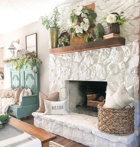 Fireplace Hearth Decor, Stone Fireplace Decor, Painted Stone Fireplace, White Stone Fireplaces, Hearth Decor, Rustic Stone Fireplace, Stone Fireplace Makeover, Home Gym Garage, Fireplace Mantle Decor