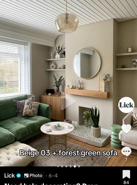 Earth Living Room Decor, Small Living Room Ideas Sage Green, Green And Pine Living Room, Green And Neutral Living Room Cozy, Living Room Colors Neutral, Beige Walls Green Couch, Soft Green Living Room Decor, Coffee Colour Living Room, Green And Sand Living Room