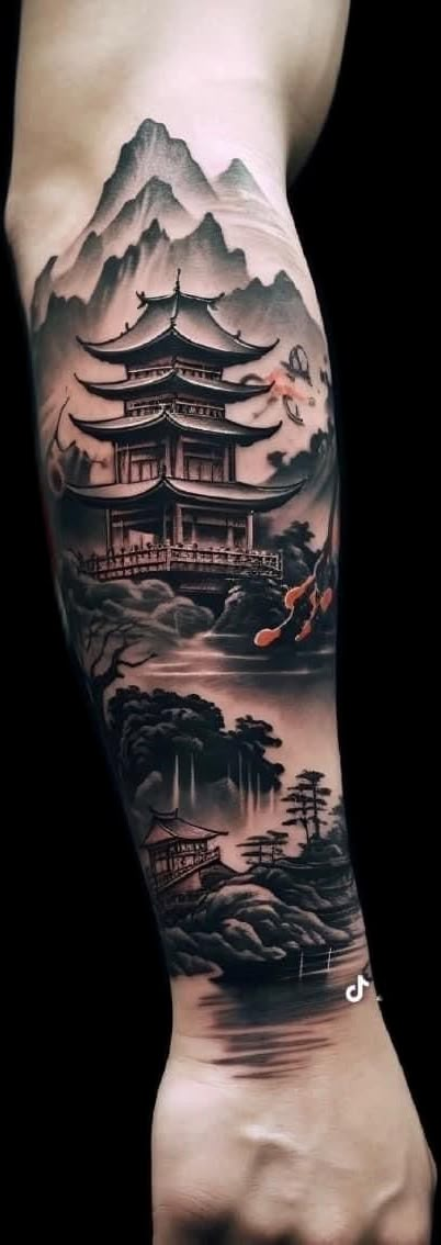 Japanese Temple Forearm Tattoo, Japanese Waterfall Tattoo Design, Japanese Temple Sleeve Tattoos, Japanese Temple Back Tattoo, Japanese Temple And Samurai Tattoo, Traditional Japanese Temple Tattoo, Stomach Tattoos Men, Japanese Temple Tattoo, Tattoo Espalda