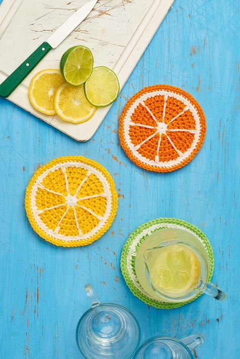 Ravelry: Citrus Coasters by Little Conkers Citrus Coasters, Fruit Accessories, Fruit Coasters, Crochet Bag Ideas, Crocheted Coasters, Coasters Crochet, Crochet Fruit, Coaster Pattern, Crochet Coaster Pattern