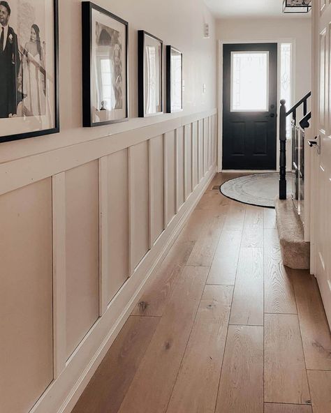 Half Wall Paneling Ideas, Wainscotting Ideas, Half Wall Paneling, Entryway Corner, Cover Wood Paneling, Entry Stairway, Half Wall Ideas, Wall Paneling Ideas, Warm Wood Flooring