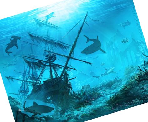 Sunken Ships Shipwreck, Sunken Pirate Ship Tattoo, Pirate Ship Underwater, Underwater Ocean Drawing, Sunken Ship Painting, Ship Wreck Painting, Bottom Of The Ocean Tattoo, Sunken Ship Tattoo Shipwreck, Underwater Shipwreck Tattoo