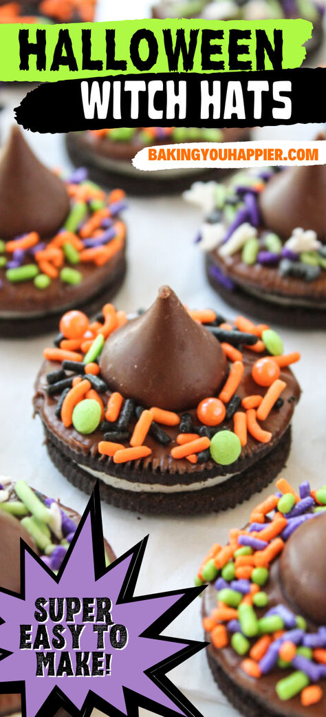 Oreo Witch Hat Cookies, these cute Halloween treats are easy to assemble with just a few simple ingredients! Easy Witch Hat Cookies, Quick Halloween Treats Simple, Witch Hat Oreo Cookies, Oreo Witches Hat, Oreo Fall Treats, Halloween Cookies Simple, Witches Hats Cookies, Oreo Witches Hat Cookies, Oreo Cookie Halloween Treats