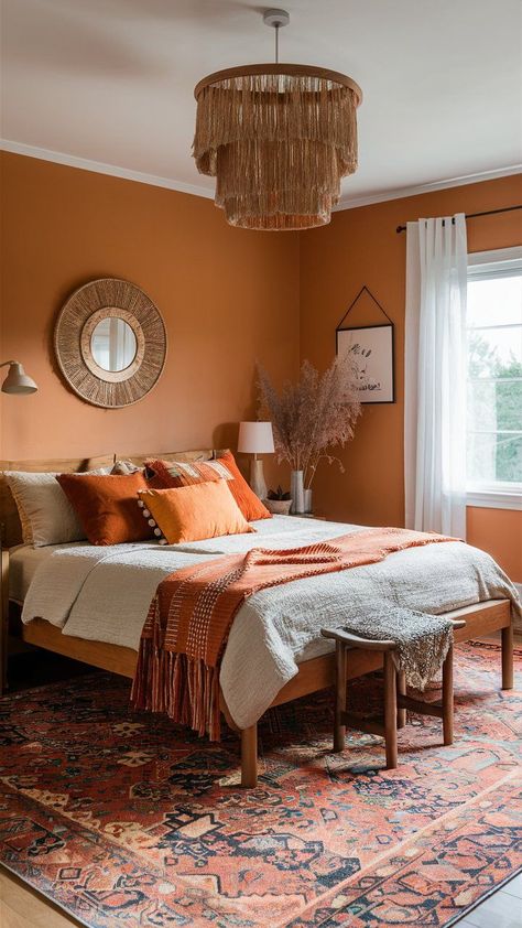 A cozy bedroom with a deep pumpkin-colored painted walls. Neutral bedding in warm orange and brown hues adds a rustic feel, while a reclaimed wood headboard and a vintage style rug complete the look. Wrought iron lamps bring a vintage-inspired finishing touch.  ​  ​Rust Bedroom, orange bedroom decor, orange bedroom walls, Rust comforter and bedding,  ​Master Bedrooms Decor Rust Color, Moody Burnt Orange Bedroom, Rust Orange Bedroom, Rust Colored Bedroom Orange White Tan Bedroom, Burnt Orange Decor Ideas, Orange Master Bedrooms Decor, Orange Wall Bedroom, Orange Themed Bedroom, Cinnamon Bedroom, Rust Orange Bedroom, Dark Orange Bedroom, Rustic Orange Bedroom