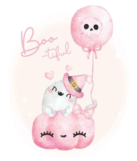 Cute happy smile kawaii pink ghost hallooween peek a boo from pink pumpkin cartoon character bootiful watercolour hand painted vector Pumpkin Cartoon, Halloween Planner, Paint Vector, Pink Ghost, Girly Wallpapers, Pink Pumpkin, Pink Pumpkins, Pink Halloween, Cute Happy