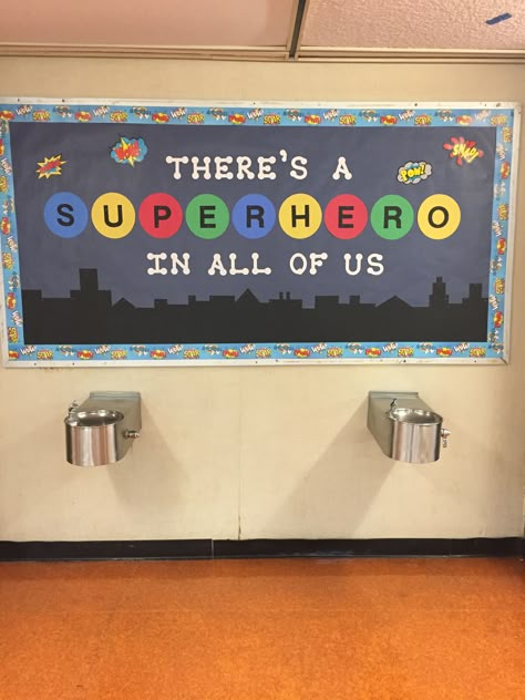 Superhero Bulletin Board Super Hero School Themes, Marvel Theme Bulletin Board, Super Hero Walkathon, Superheroes Bulletin Board Ideas, Super Hero Door Ideas, Super Hero Posters For School, Super Hero Bulliten Board Ideas, Superhero School Activities, Superhero Display Board