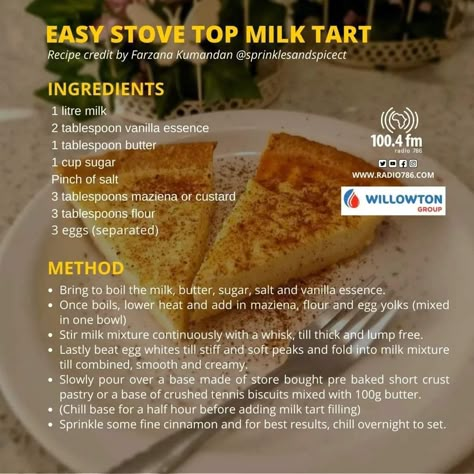 Melktert Recipe, Milk Tart Recipe, Milktart Recipe, Pudding Recipes Homemade, Easy Tart Recipes, Fancy Desserts Recipes, Milk Tart, Homemade Sauce Recipes, Sweet Treats Desserts