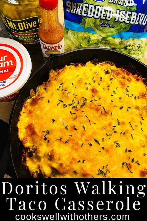 casserole with toppings on the side Taco Casserole With Doritos, Dorito Taco Casserole, Doritos Recipes, Walking Taco Casserole, Walking Taco, Cozy Fall Recipes, Walking Tacos, Taco Casserole, Easy Dinner Recipe