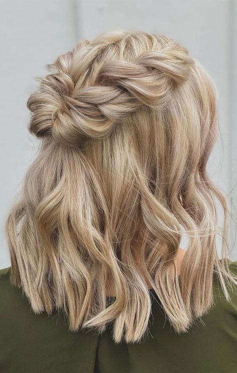 braided short hair, short hairstyles, chi Prom Hairstyles For Short Hair Blond, Blond Short Hair Wedding, Bridesmaid Hairstyles For Short Hair Half Up, Short Hair Homecoming Styles Half Up, Simple Prom Hairstyles For Short Hair Shoulder Length, Hoco Hair Inspo Short, Homecoming Hair Inspo For Short Hair, Half Up Half Down Short Blonde Hair, Bridesmaid Hairstyle Shorthair